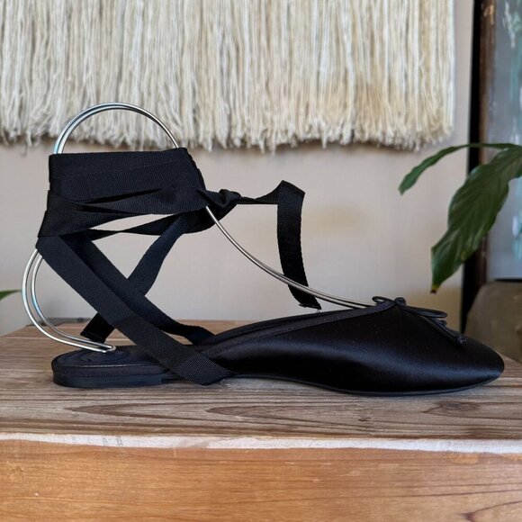 Zara Black Satin Mule Ankle Wrap Bow Detail Minimalist Ballet Flat Size 39 / 8 - Picture 7 of 15